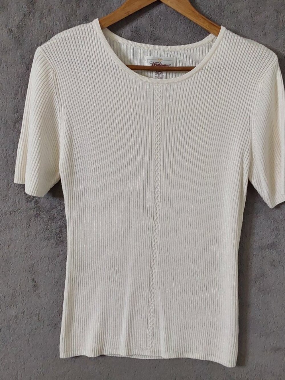 Worthington Vintage Ribbed Knit Short Sleeve Sweater Top Ivory Cream Size Large